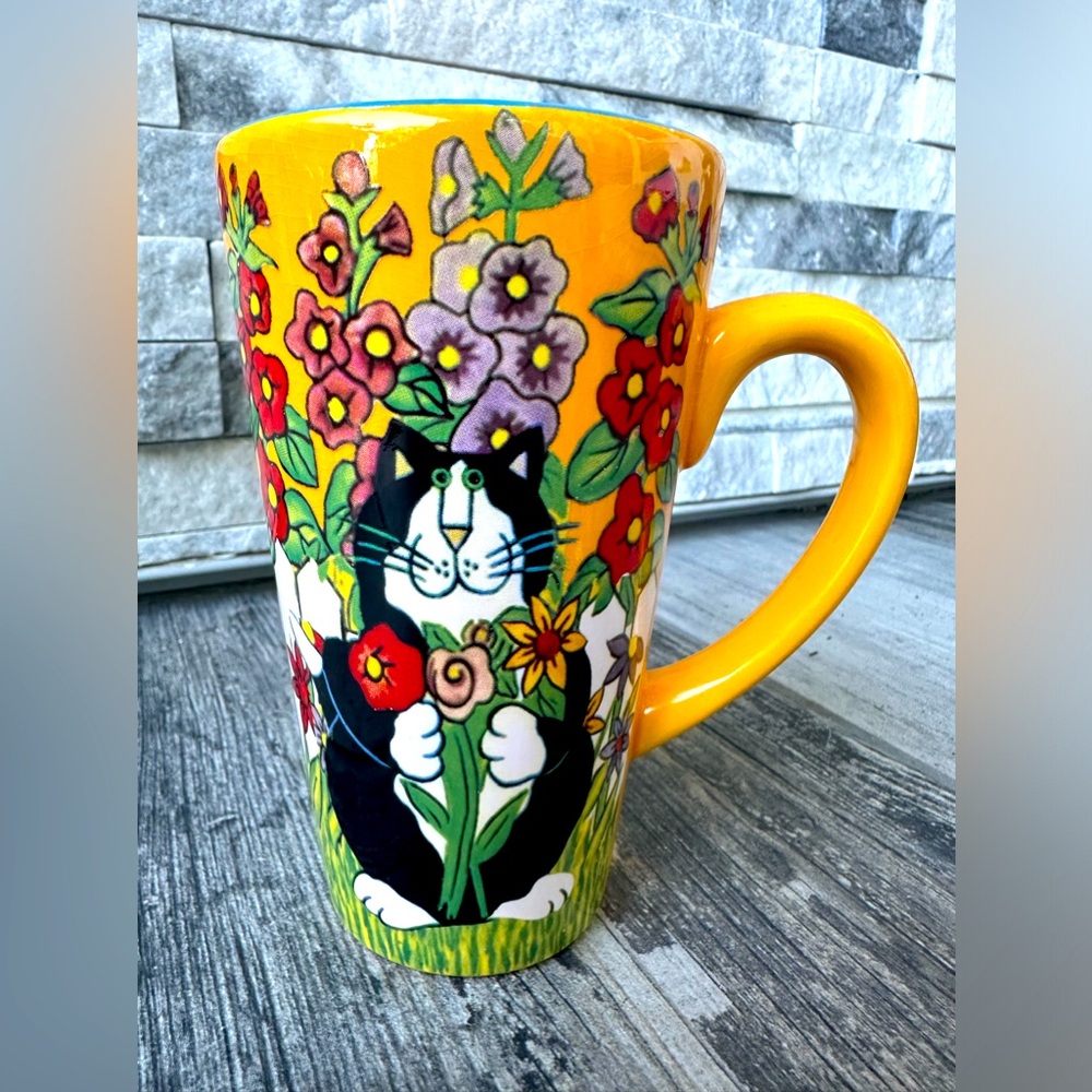 VINTAGE Rare  Catzilla Candace Reiter Tall Coffee Mug Ceramic Garden Cats